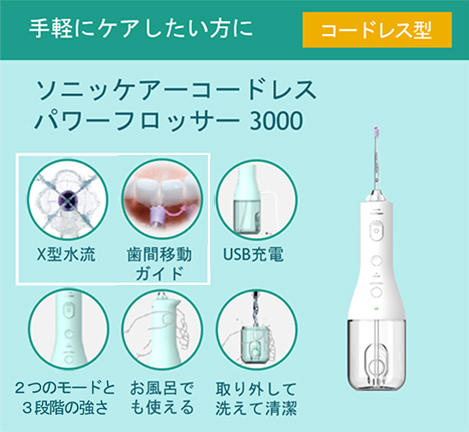 手軽にケアしたい方はコードレス型。X型水流/歯間移動ガイド/USB充電/２つのモードと３段階の強さ/お風呂でも使える/取り外して洗えて清潔